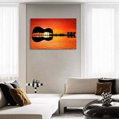 Modern Abstract Guitar Tree Lake Sunset Art Canvas Painting With Wooden Frame