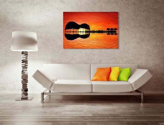 Modern Abstract Guitar Tree Lake Sunset Art Canvas Painting With Wooden Frame