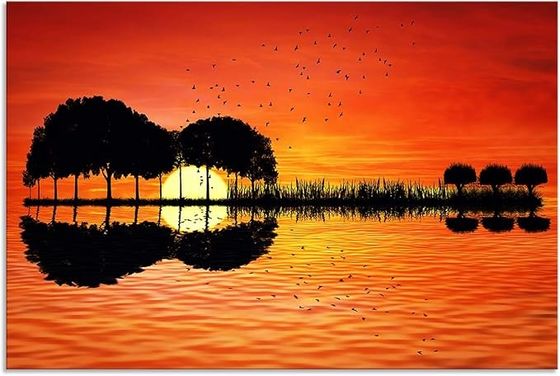 Modern Abstract Guitar Tree Lake Sunset Art Canvas Painting With Wooden Frame