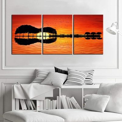 Urttiiyy 3 Panel Canvas Art Prints Music Abstract Guitar Tree Lake Sunset Art Painting