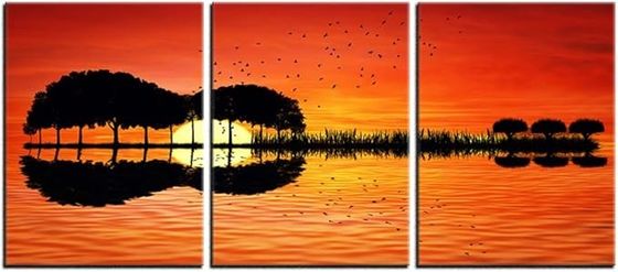 Urttiiyy 3 Panel Canvas Art Prints Music Abstract Guitar Tree Lake Sunset Art Painting
