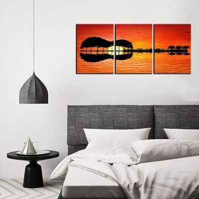 Urttiiyy 3 Panel Canvas Art Prints Music Abstract Guitar Tree Lake Sunset Art Painting