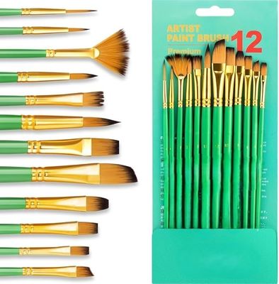 Green Art Painting Brush Kit 12 Pcs For Acrylic Watercolor Gouache Painting