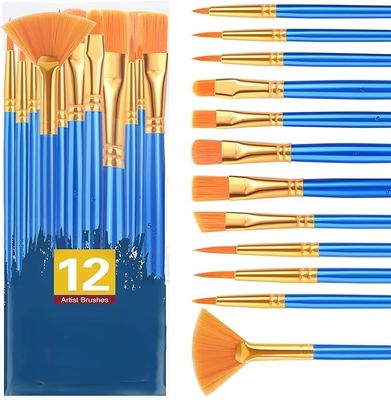 Wooden Handle Acrylic Paint Brush Set 12 Pcs Nylon Hair Paint Brushes For All Purpose