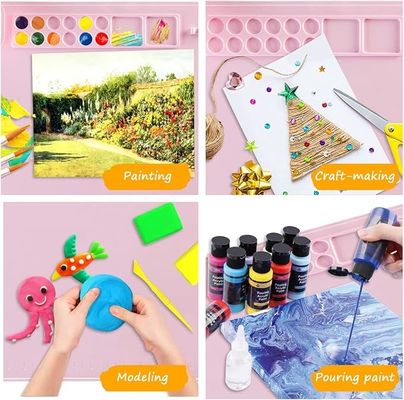 Pink Non Slip Silicone Paint Mat With Cup And Brush Kids And Artist Painting Tools