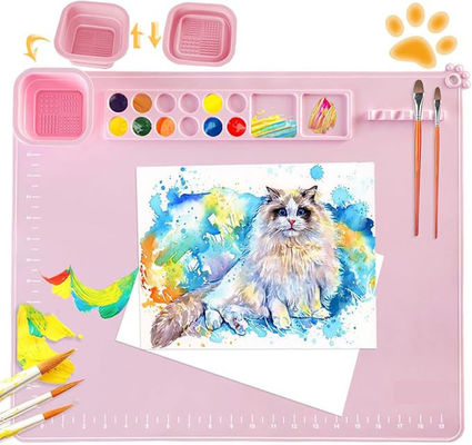 Pink Non Slip Silicone Paint Mat With Cup And Brush Kids And Artist Painting Tools