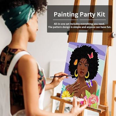 African American Women Flowers Pre Drawn Canvas Paint Kit Art Set Custom Size