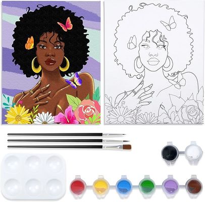 African American Women Flowers Pre Drawn Canvas Paint Kit Art Set Custom Size