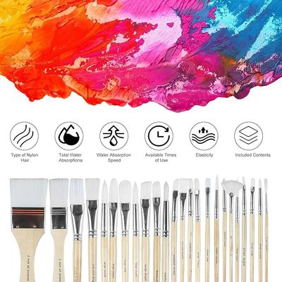 24 Pieces Art Brushes Set Wooden Handles Paint Brushes With Canvas Brush Case