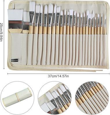24 Pieces Art Brushes Set Wooden Handles Paint Brushes With Canvas Brush Case