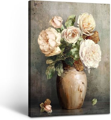 Vintage Peony Canvas Wall Art Floral Decor Painting for Rustic Home Decor