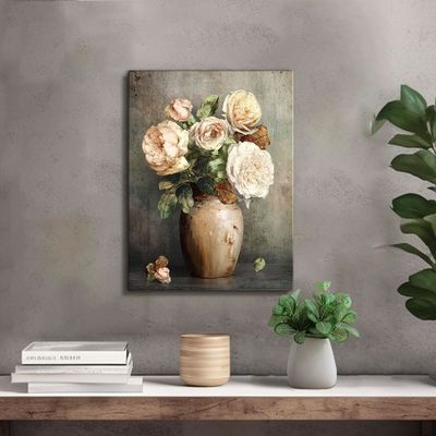 Vintage Peony Canvas Wall Art Floral Decor Painting for Rustic Home Decor