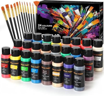 24 Colors 60ml Non Toxic Art Acrylic Paint Kit With 12 Brushes For Painting