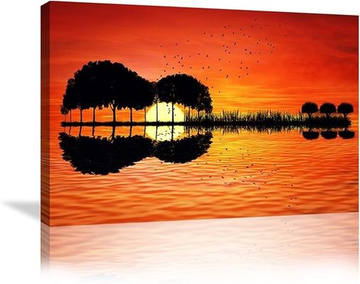 Abstrait moderne Guitare Arbre lac Art du coucher du soleil Peinture sur toile avec cadre en bois