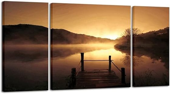 Misty Lake 3 Piece Printed Painting Modern Stretched Framed Contemporary Giclee